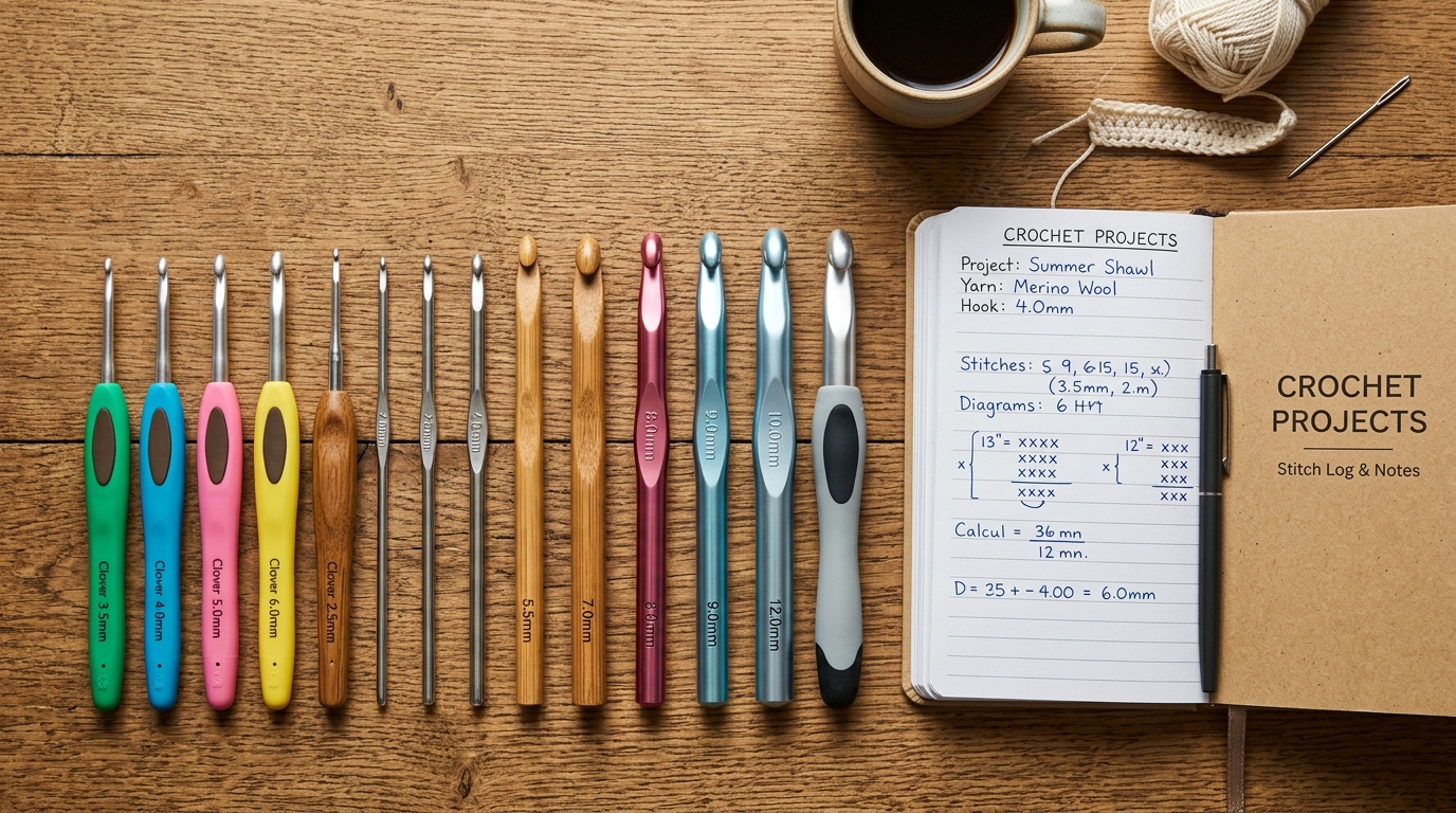 A neat arrangement of crochet hooks and a notebook